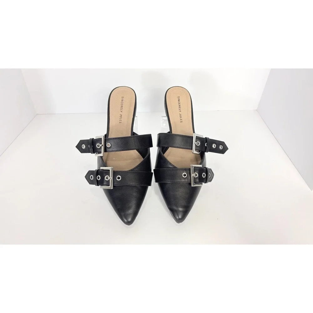 Black Pointed Toe Double Buckle Slip On Flats Shoes Size 9 Office Goth Boss Babe